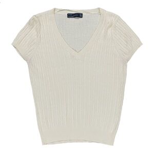 ZARA Pale Yellow V Neck Sweater Knit Short Sheeve Top Large